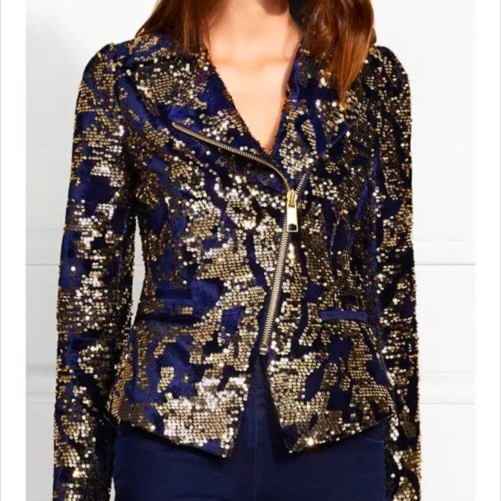 Rachel Zoe Navy and Gold Sequin Moto Jacket Size 12